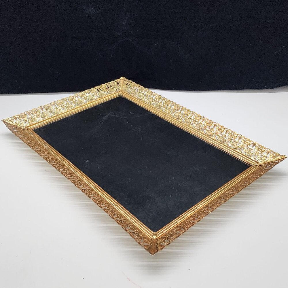 Gold Tone Filigree Mirrored Vanity Tray Wall Hanging Rectangle Hollywood Regency